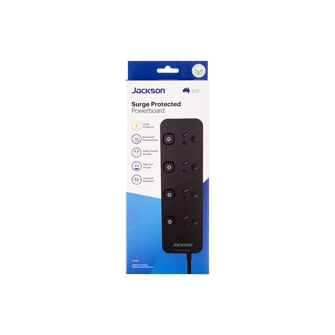 Jackson 4-Outlet Powerboard Switched with Surge Protection - Black