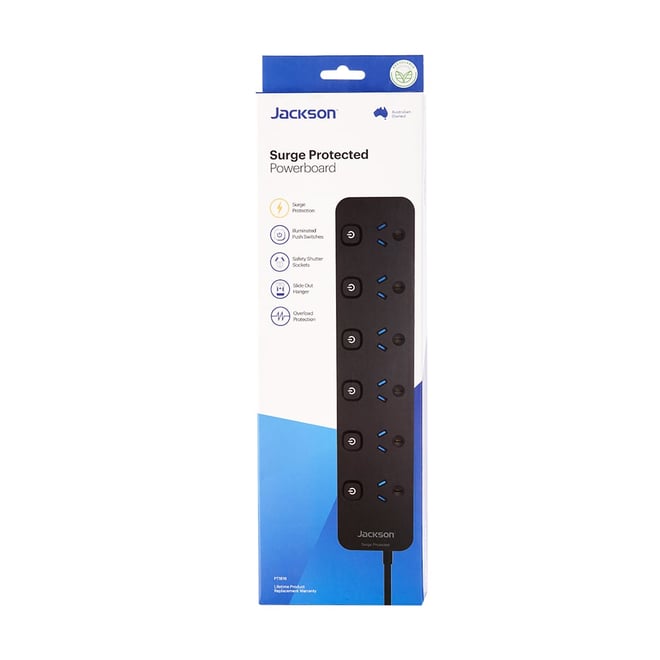 Jackson 6-Outlet Powerboard Switched With Surge Protection - Black