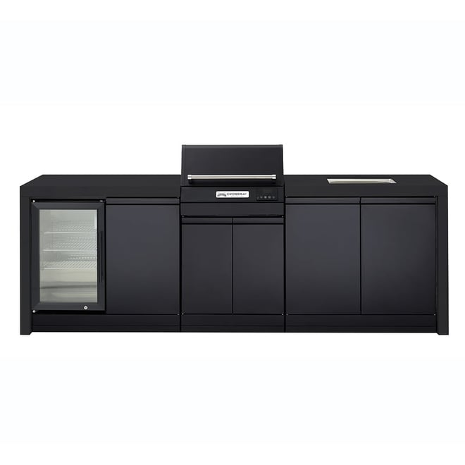 CROSSRAY eXtreme Electric Black Outdoor Kitchen With Double Cabinets, Sink And Single Door Fridge