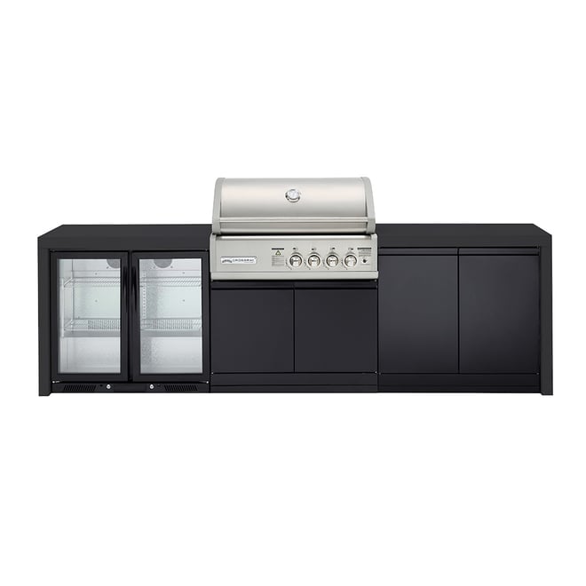 CROSSRAY Premium 4 Burner Gas Outdoor Kitchen With Double Cabinets And Double Fridge In Black