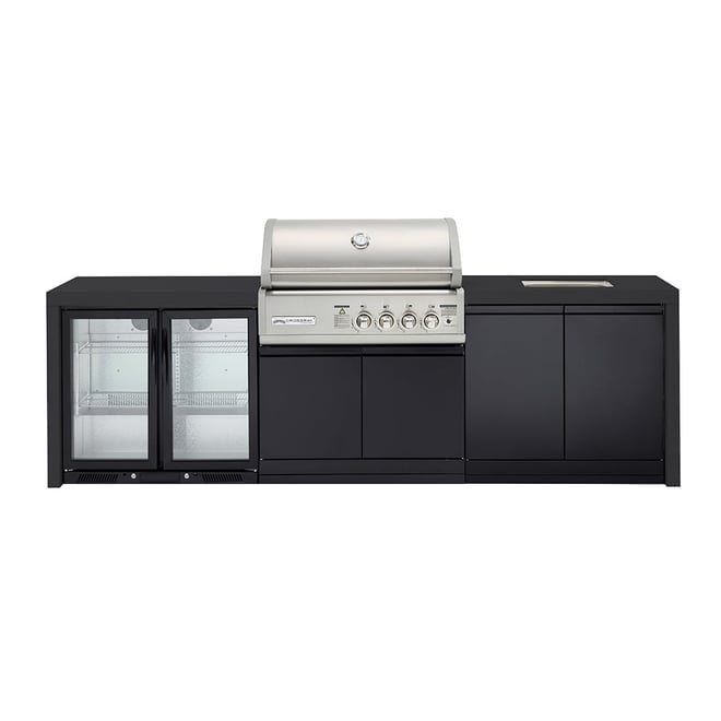 CROSSRAY Premium 4 Burner Gas Outdoor Kitchen With Double Cabinets, Sink And Double Fridge In Black