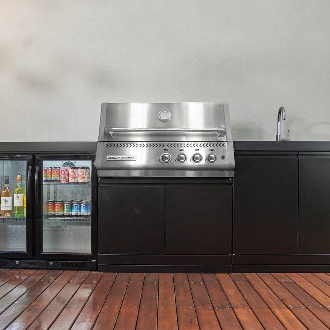 CROSSRAY Premium Xplor 4 Burner Gas Outdoor Kitchen With Single Door Fridge And Sink In Black