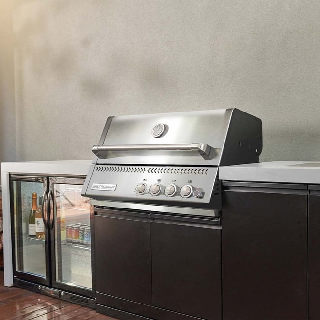 CROSSRAY Premium Xplor 4 Burner Gas Outdoor Kitchen With Double Door Fridge And Sink In White