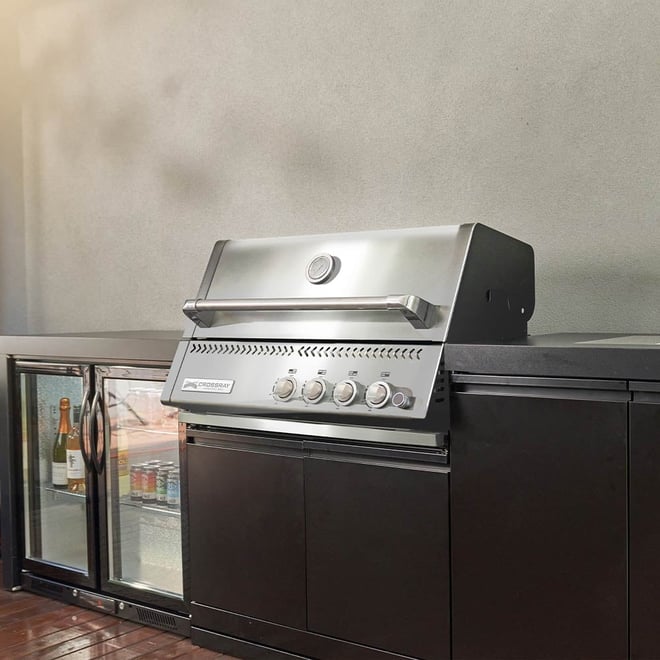 CROSSRAY Premium Xplor 4 Burner Gas Outdoor Kitchen With Double Cabinets And Sink In Black