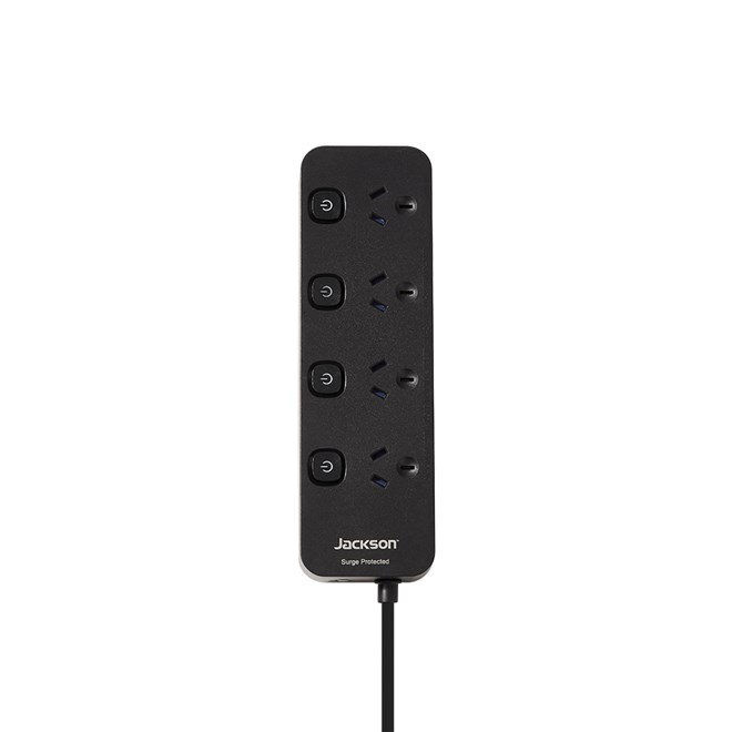 Jackson 4-Outlet Powerboard Switched with Surge Protection - Black
