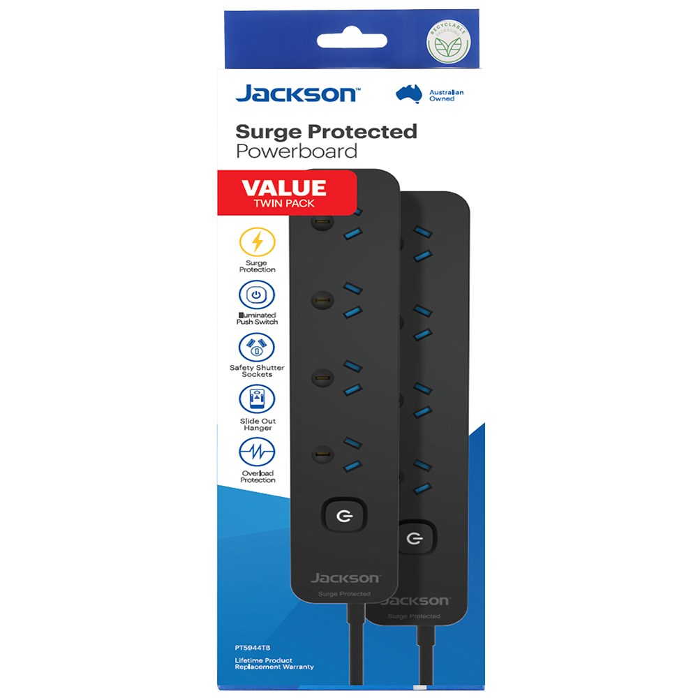 Jackson Twin 4-Outlet Powerboard with Surge Protection - Black