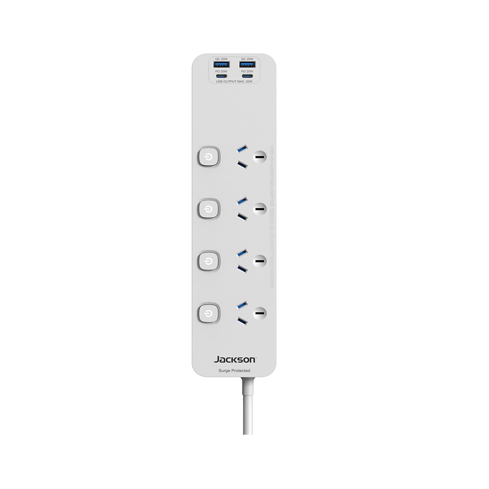 Jackson 4-Outlet Powerboard Switched, Surge Protection and Rapid USB - White