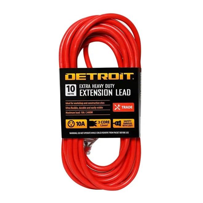 Detroit Extension Lead 10m Extra Heavy Duty 10A Red