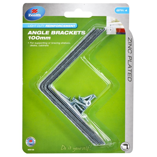 Zinc Plated 100mm Angle Bracket 4 Pack