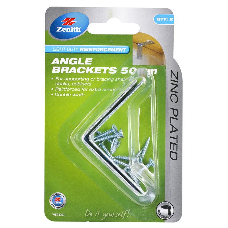 Zinc Plated 50mm Double Width Angle Bracket 2 Pack