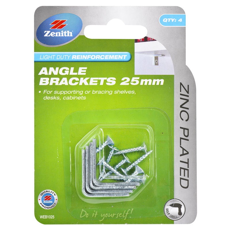 Zinc Plated 25mm Angle Bracket 4 Pack