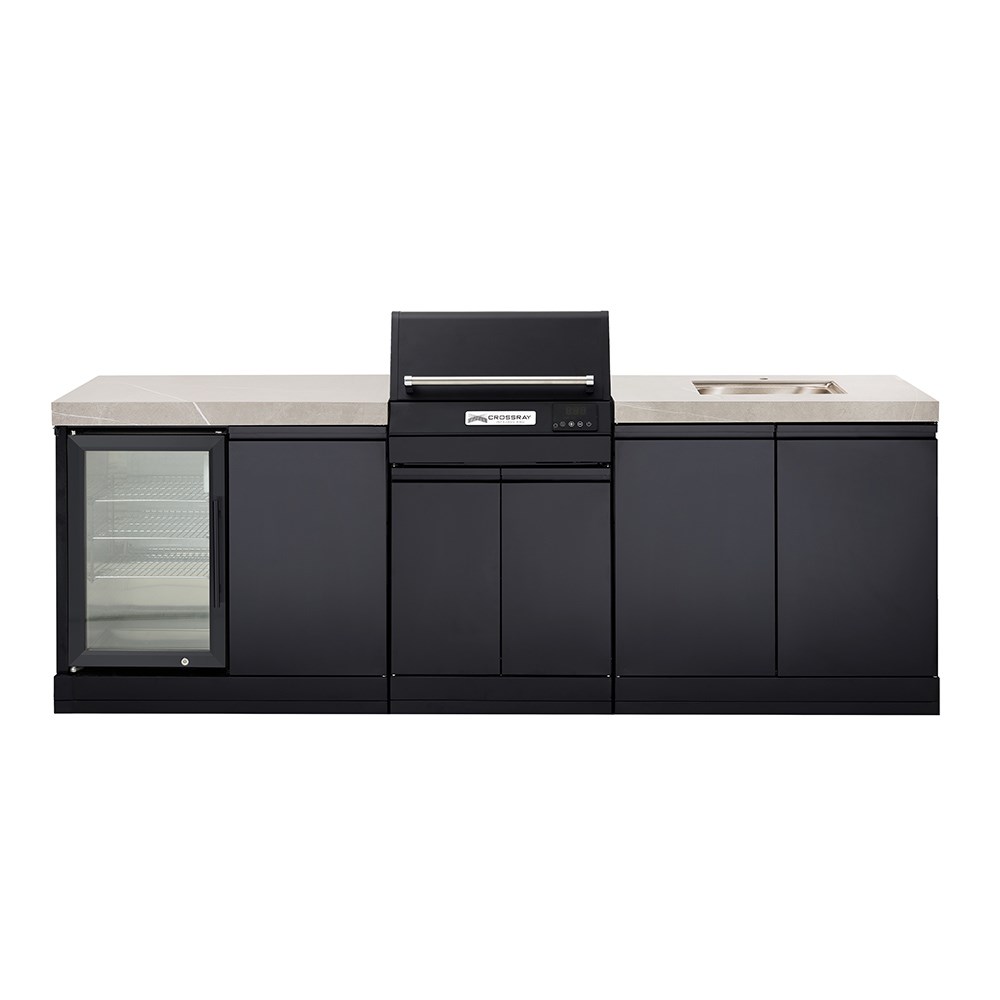 CROSSRAY eXtreme Electric Grey Outdoor Kitchen With Double Cabinets, Sink And Single Door Fridge