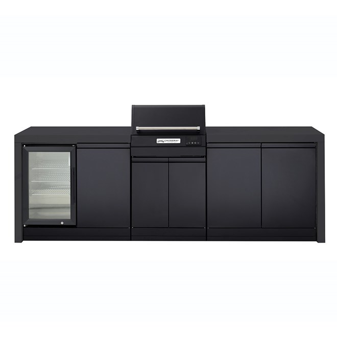 CROSSRAY eXtreme Electric Black Outdoor Kitchen With Double Cabinets And Single Door Fridge