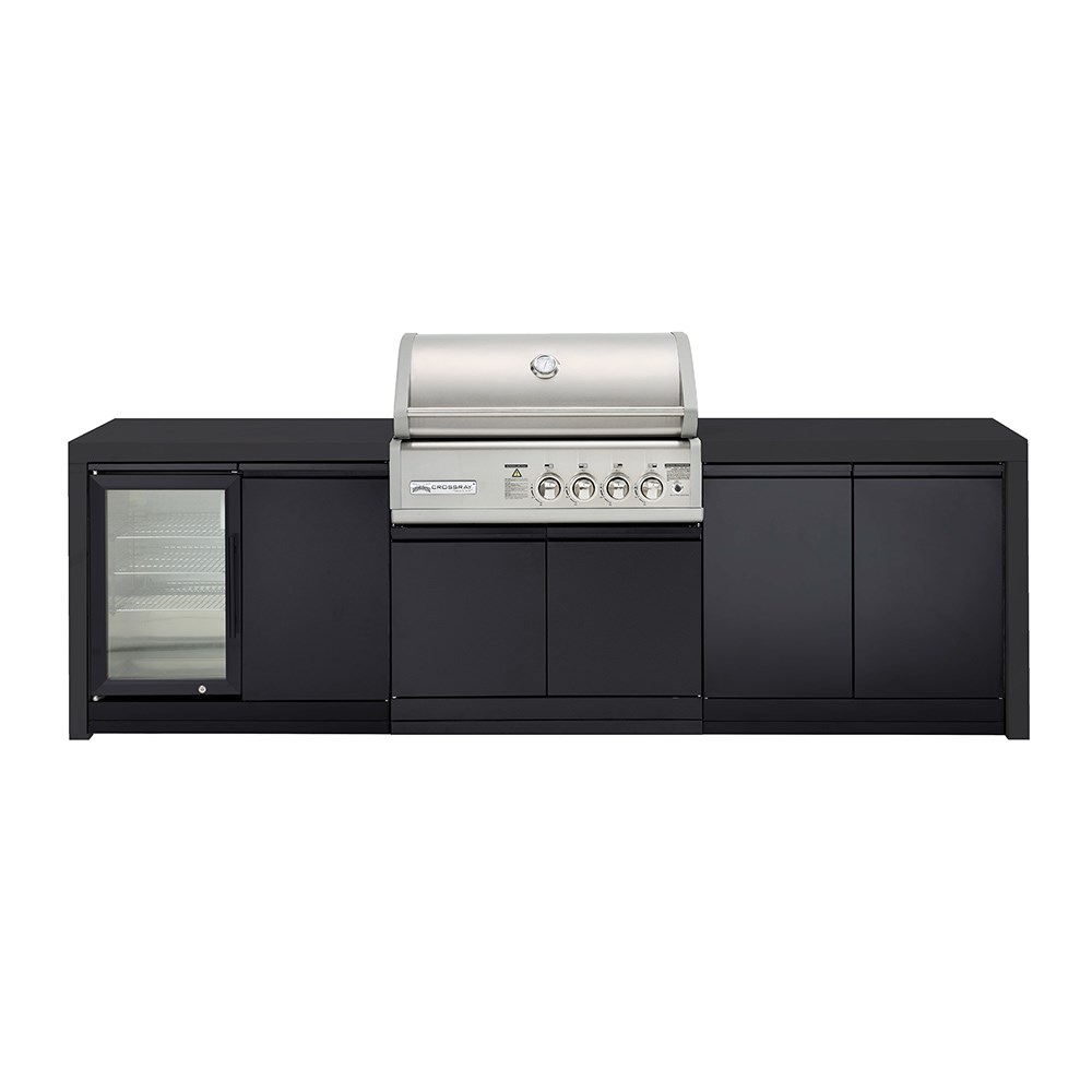 CROSSRAY Premium 4 Burner Gas Outdoor Kitchen With Double Cabinets And Single Fridge In Black