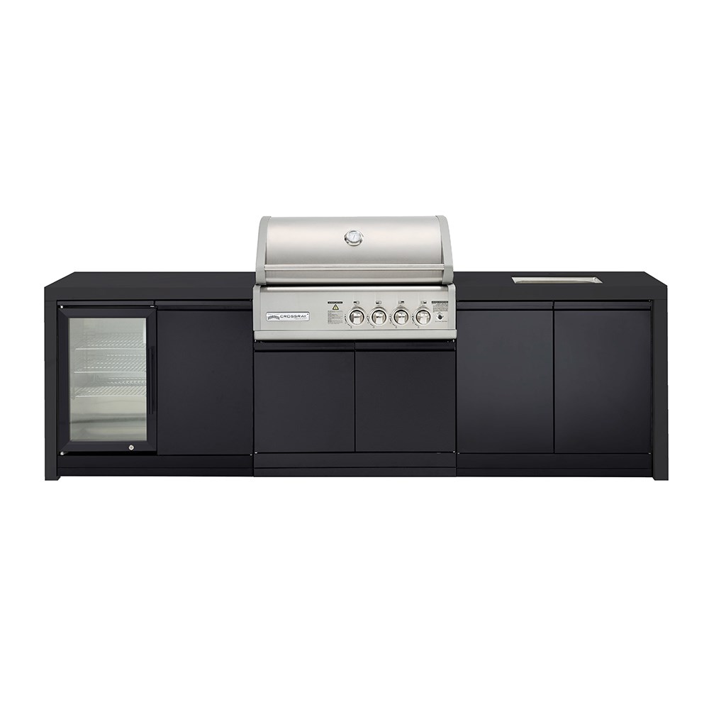 CROSSRAY Premium 4 Burner Gas Outdoor Kitchen With Double Cabinets, Sink And Single Fridge In Black