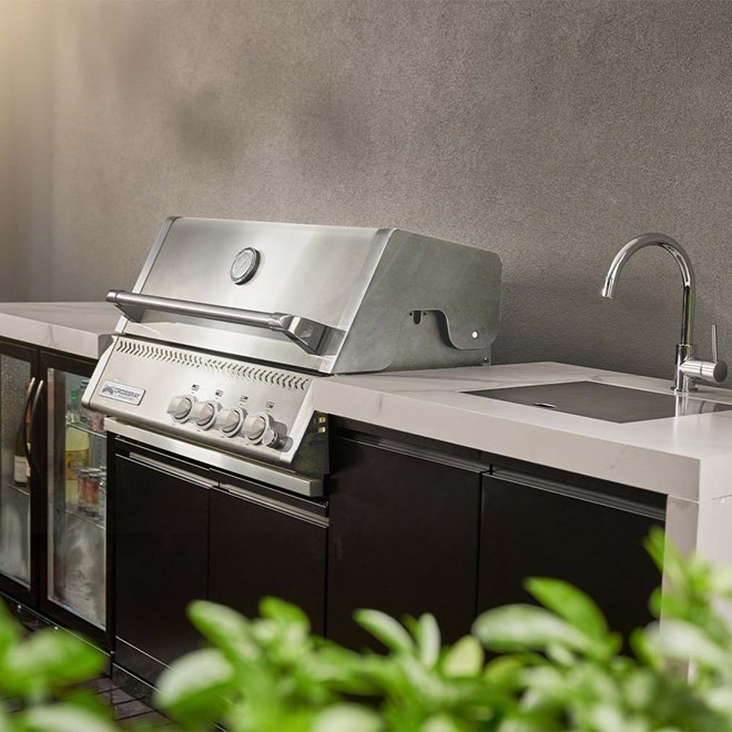 CROSSRAY Premium Xplor 4 Burner Gas Outdoor Kitchen With Single Door Fridge And Sink In White