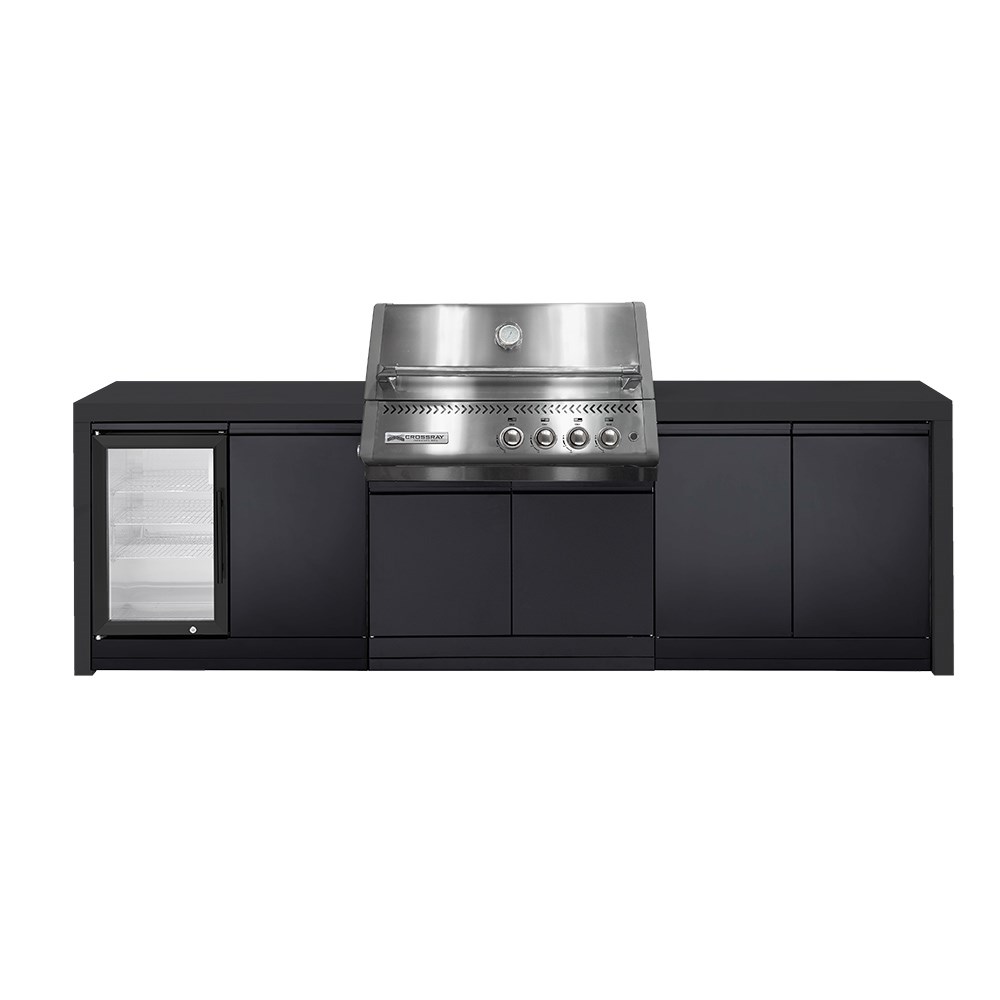 CROSSRAY Premium Xplor 4 Burner Gas Outdoor Kitchen With Single Door Fridge In Black