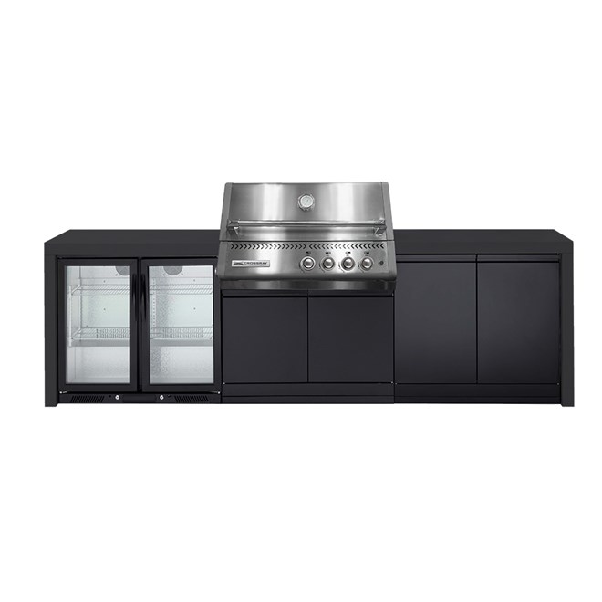 CROSSRAY Premium Xplor 4 Burner Gas Outdoor Kitchen With Double Door Fridge In Black