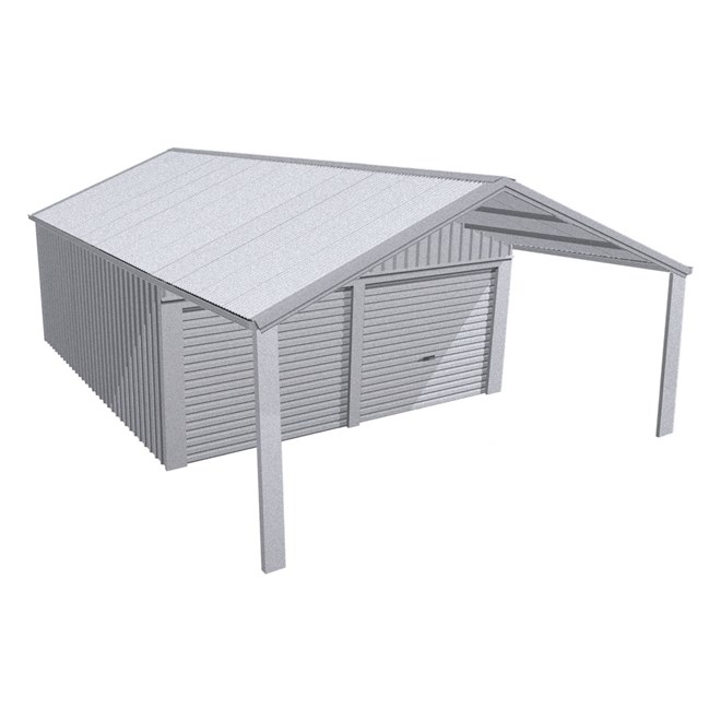 Domestic Gable Roof Shed Double Garaport 5.45 x 12.3 x 2.4m Gable End Roller Door Zinc/Al