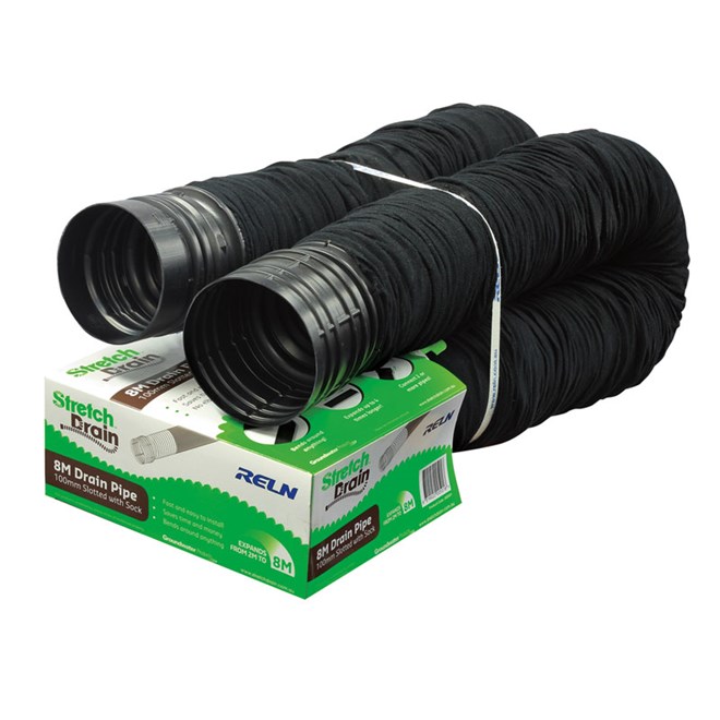Reln 100mm x 8m Slotted Stretch Drain Pipe with Sock